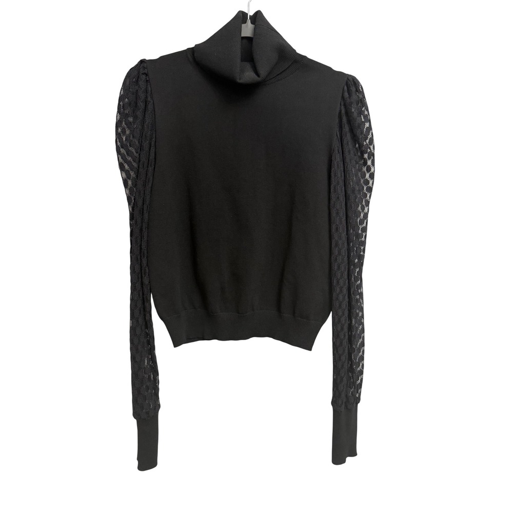 Love‎ Tree Black Turtleneck Sweater Sheer Lace Puff Sleeve Knit Top XL 9723WN